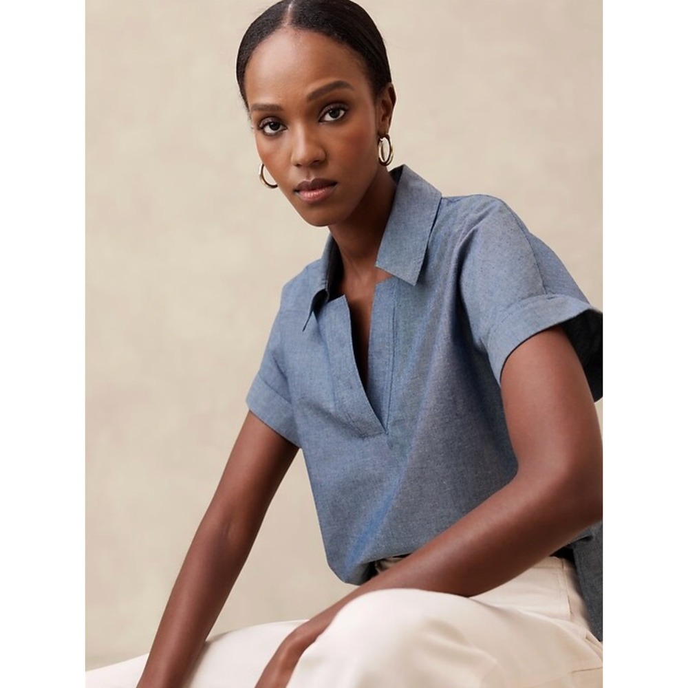 Banana Republic Womens Collar Neck Chambray Top Size XL Blue Boxy Office